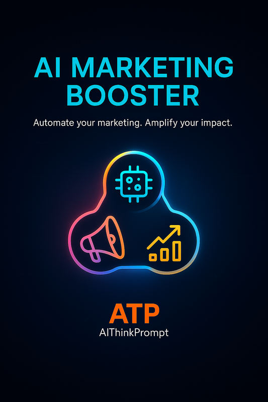 AI Marketing Booster digital product cover by AIThinkPrompt – sleek AI-themed design with bold neon title, central glowing marketing icon, deep tech gradient background, and premium branding. Perfect for marketers, entrepreneurs, and AI creators.